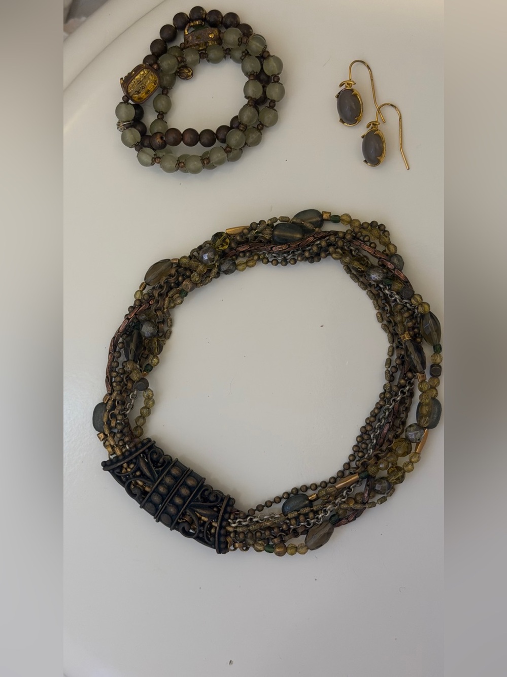 Olive Green Glass, Copper, Gold,  Bronze Magnet Clasp Necklace Bracelet Earrings